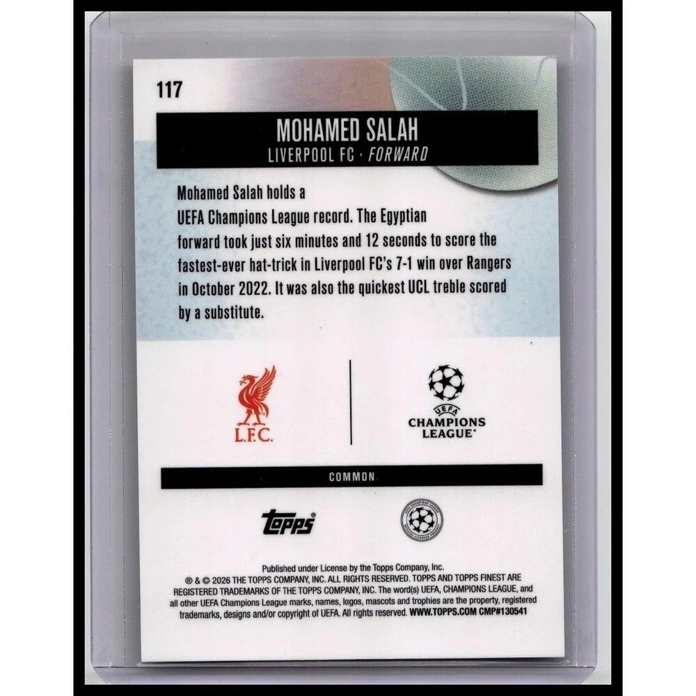 2026 Topps Finest UEFA #117 Mohamed Salah, Liverpool FC Blue Refractor/200